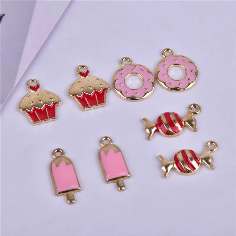 10pcs/pack Food Candy Cake Donut  Metal Charms Golden Color Dangel Earring DIY  Jewelry Making Bulk Wholesale