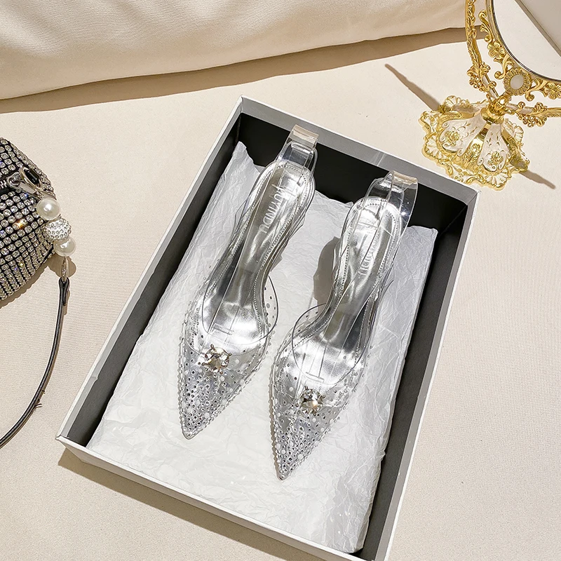 2023 New Summer Women's Single Shoes French Thin Strap Rhinestone Strap Transparent Word Strap High Heels All-match Sandals For