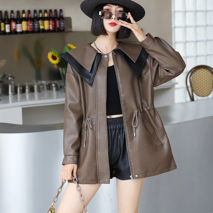 KoHuiJoo 2022 Autumn Korean Long Leather Coat Women Sailor Collar Sweet Casual Drawstring Washing PU Leather Jacket Black Coffee