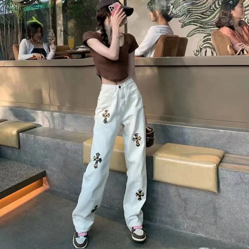 

Y2K Women's jeans European and American high street embroidery Streetwear straight loose wide-leg pants ins hot sale