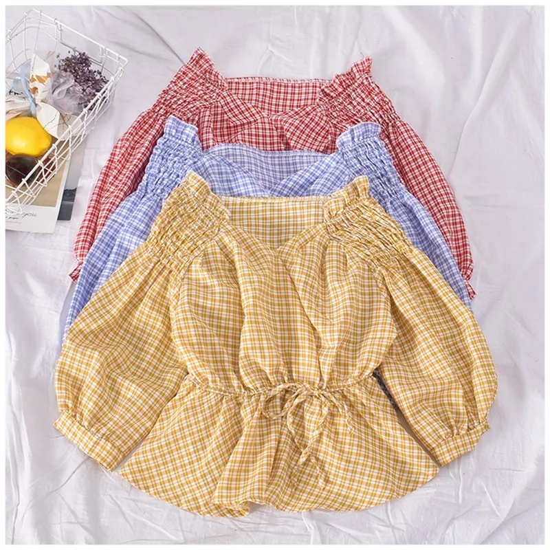 

Женский клетчатый топ в стиле ретро с пышными рукавами, Новинка лета 2023, Стильная трикотажная нишевая рубашка с V-образным вырезом, Повседневная универсальная блузка средней длины