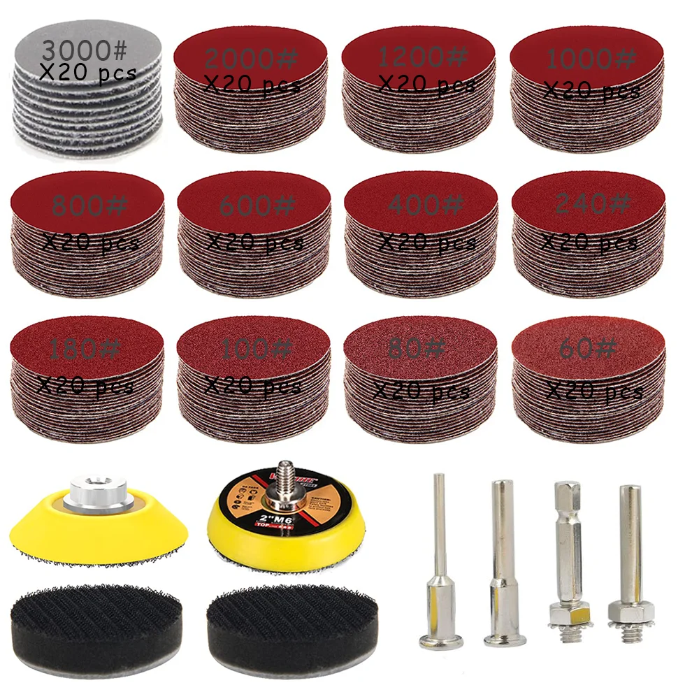 2-дюймовая наждачная бумага на липучке 123/206/248 шт. в ассортименте 60-3000 с шлифовальной подушечкой для шлифовки и полировки материалов для автомобиля