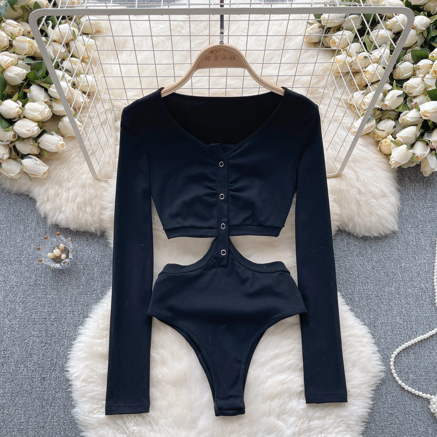

New Chic Long Sleeve Women's Bodysuits Black V Neck Single Breasted Hollow Out Waist Slim Stretch Bodycon Club Party Body Tops