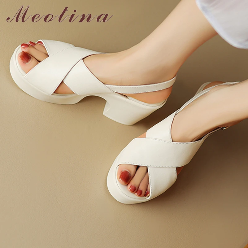 

Meotina Women Genuine Leather Sandals Round Toe Chunky High Heels Buckle Platform Ladies Fashion Career Shoes Summer Beige Pink