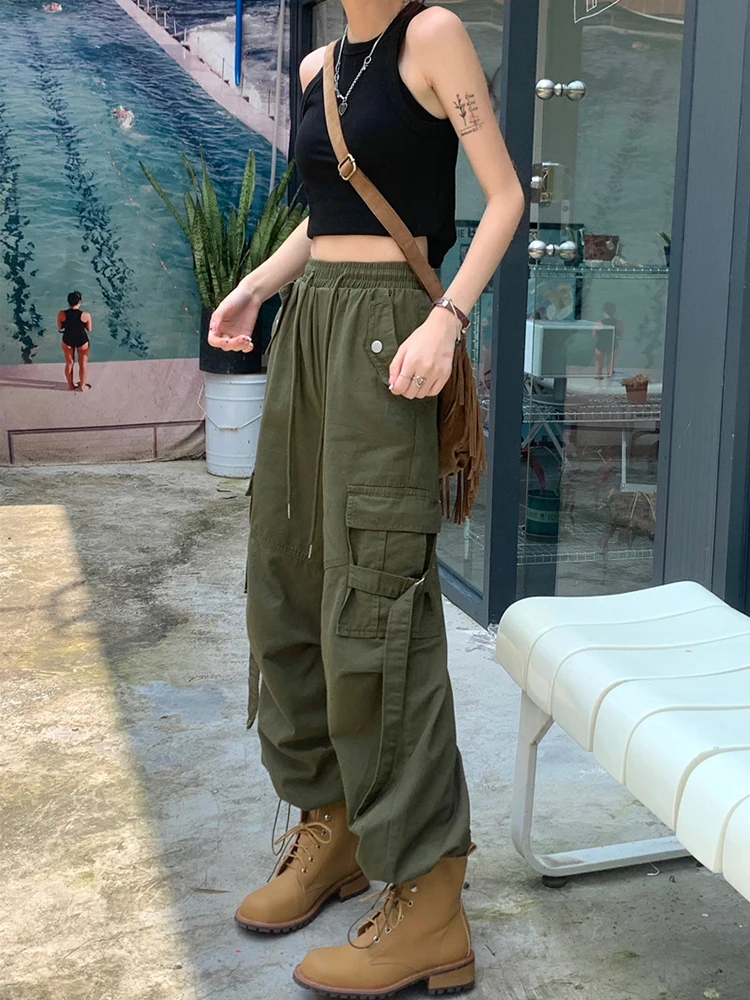 Брюки-карго в стиле Харадзюку с карманами Свободные повседневные Широкие штаны