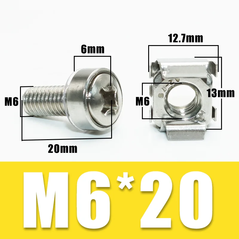 Винт шкафа из нержавеющей стали 304, M5 M6x16 для сетевого хранения, серверный шкаф, гайки, винты, шайба, стойка, болт, крепление, зажимные гайки