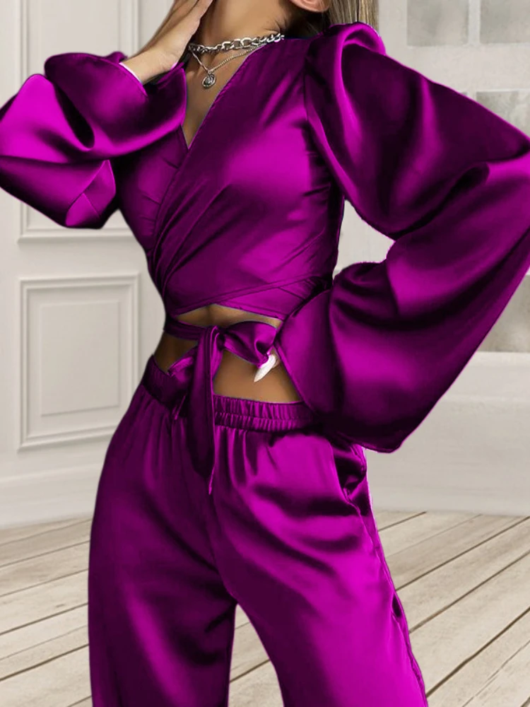 

Комплекты Женские из 2 предметов, топ на шнуровке, брюки с широкими штанинами, сексуальные брюки, комплекты на весну и лето, новинка, подходящие комплекты, Модная элегантная уличная одежда