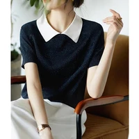 summer all match bright collar ice silk knit short sleeve cotton thread half sleeve thin loose t shirt for women slim top