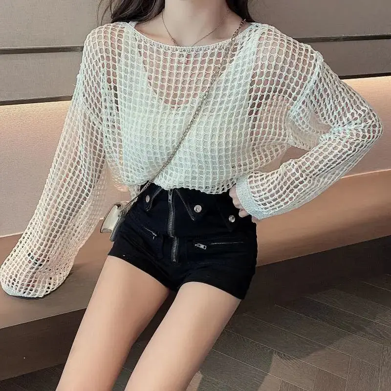 

Новинка летние вязаные топы с вырезами с длинным рукавом и круглым вырезом однотонные свободные пуловеры больших размеров трендовая корейская модная женская одежда