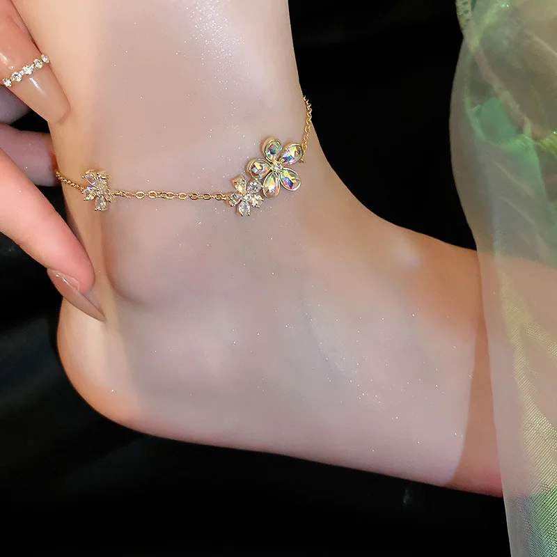 

Real gold electroplated zircon diamond-encrusted flower anklet women's fashion high-end design foot chain net red light luxury a