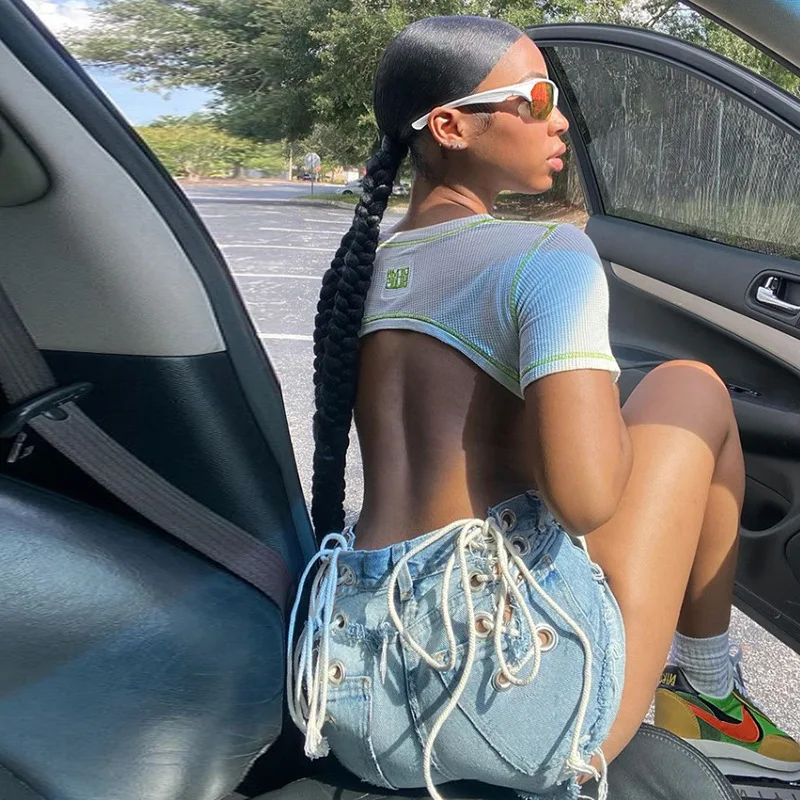 

Balogun Summer Fashion Jean Shorts Women 2022 High Waist Bandage Zipper Pocket Denim Shorts Streetwear Blue Jean Shorts Female