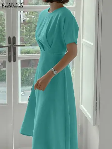 ZANZEA Women Elegant Midi Dress Fashion Short Sleeve Solid Color Office Sundress Summer Casual O Neck A-lline Party Vestido Robe