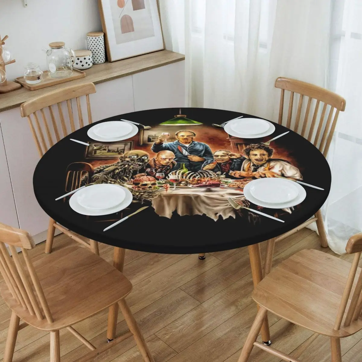 

Round Waterproof Oil-Proof Halloween Horror Movie Character Tablecloth Backed Elastic Edge Table Cover 45"-50" Fit Table Cloth