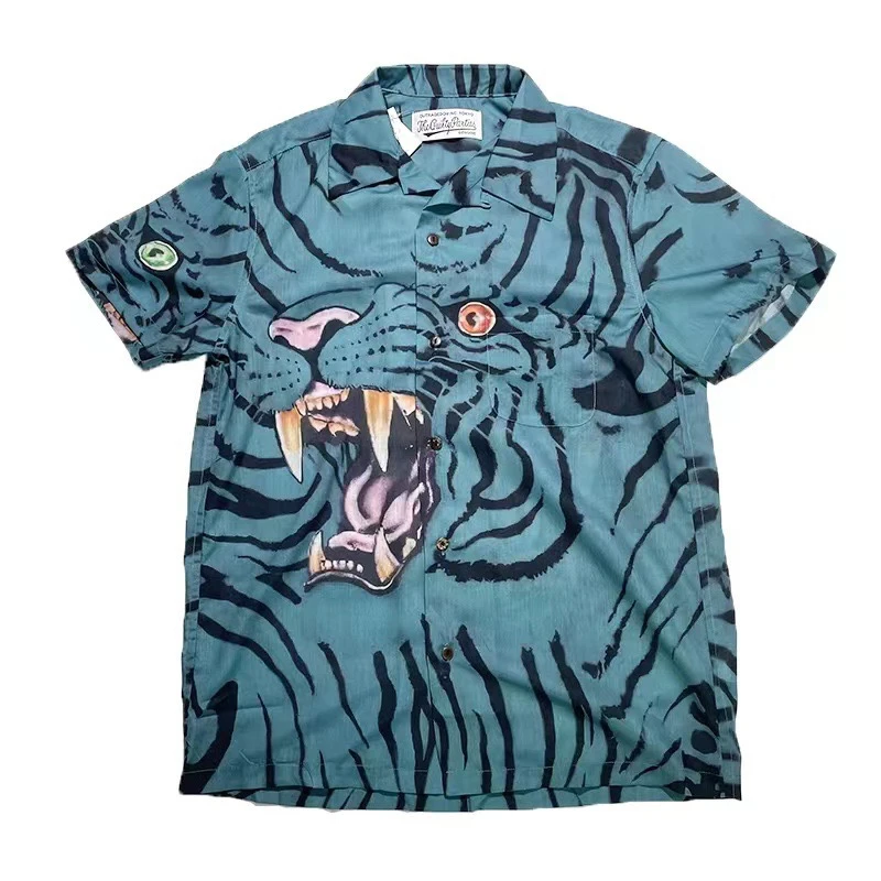 WACKO MARIA Roar Tiger Head Print Short Shirt Men Women High Quality Casual Hawaii Seaside Holiday WACKO Shirts Top