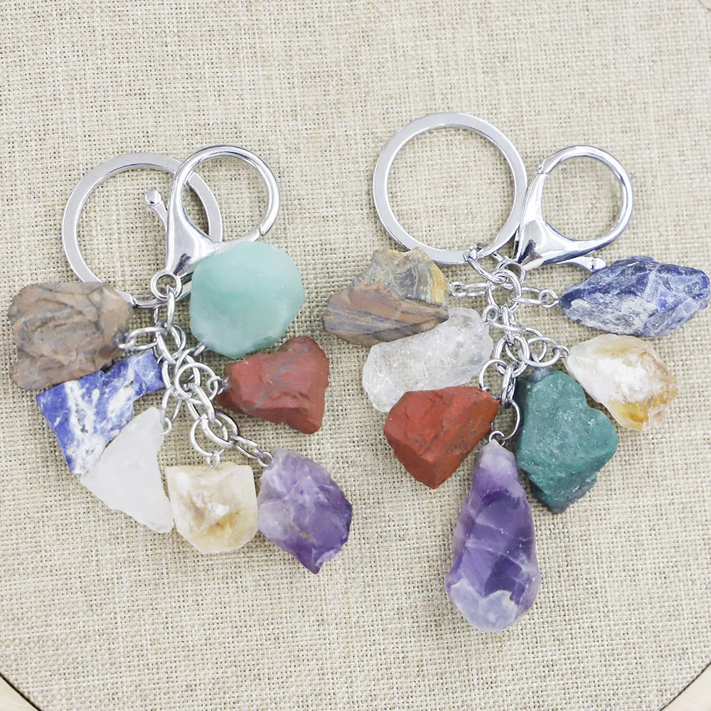 

Natural Crystal Raw Ore Keychain Irregular Seven Color Stone Decoration Fashion Car Mobile Phone Buckle Pendant 1Pcs Wholesale