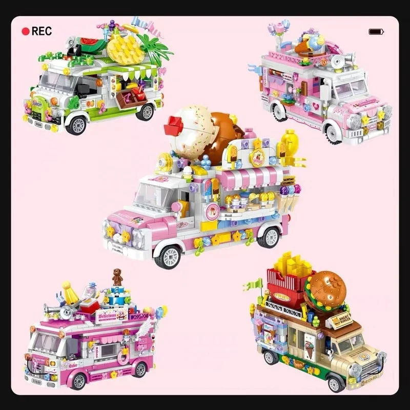 

Children Plug In Building Block Car Fruit Dessert Ice Cream Car Building Block Model Small Particle Puzzle Toy