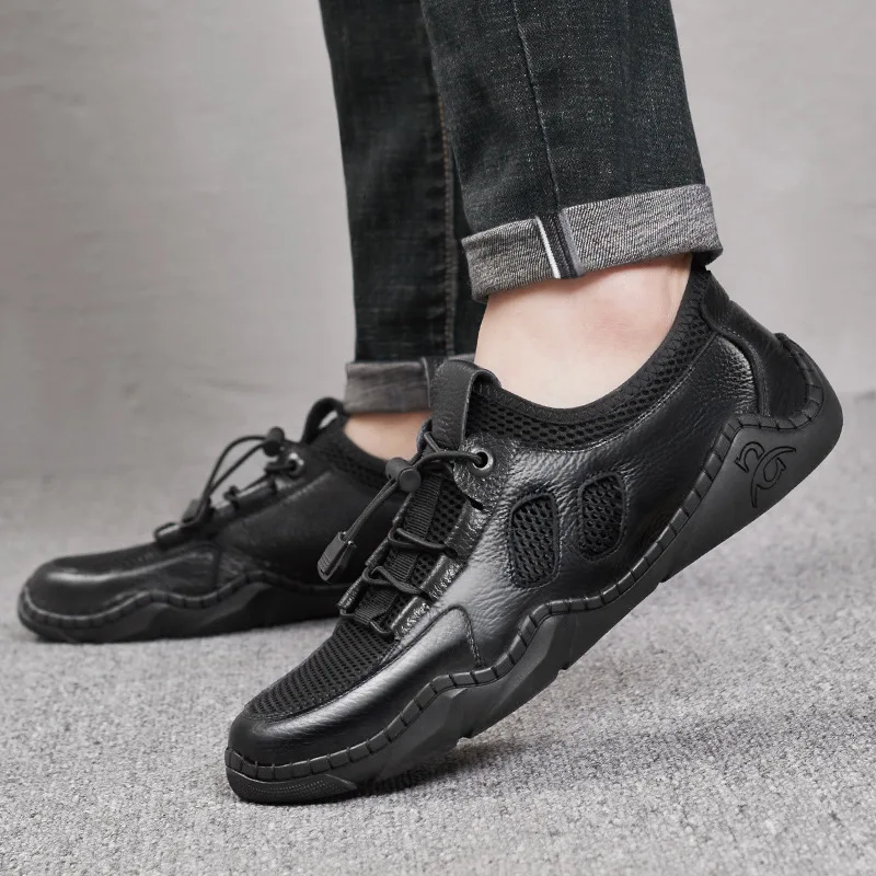 

Leather Summer Comfortable Men's Sandals Sneakers Low Top Men Shoes Casual Breathable Mesh Slip on Sandalias Hombre