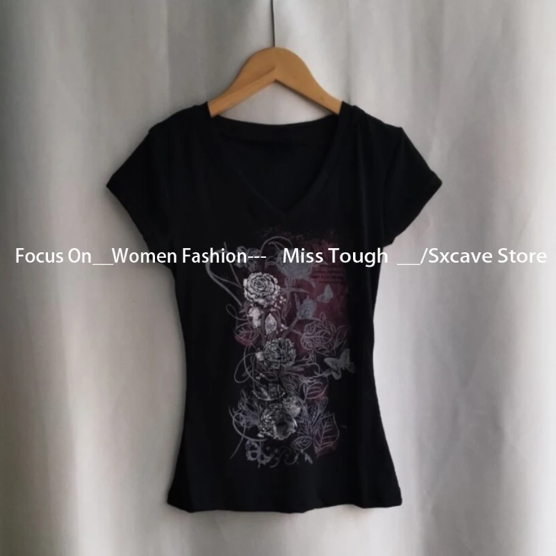 Винтажные тонкие повседневные Черные футболки в стиле Харадзюку Y2k женские