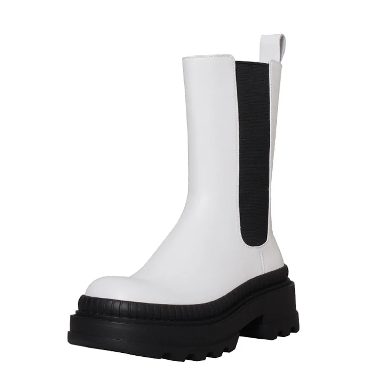 

Women Mid-Calf Boots SmallHut Autumn Winter Split Leather Square Heeled Shoes Ladies Black White Khaki Platform Chelsea Boots