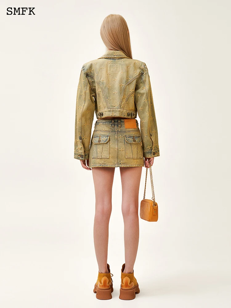 Женская джинсовая короткая юбка SMFK винтажная с высокой талией и эффектом