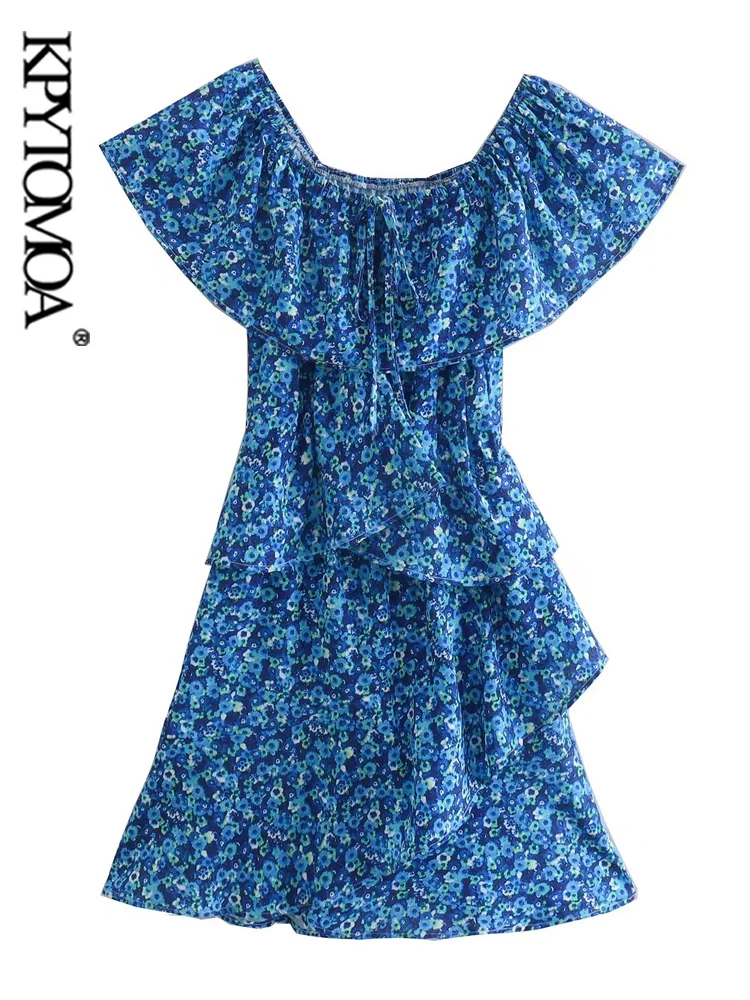 

KPYTOMOA Women Fashion Floral Print Ruffled Mini Dress Vintage Sleeveless Elastic Waist Female Dresses Vestidos Mujer