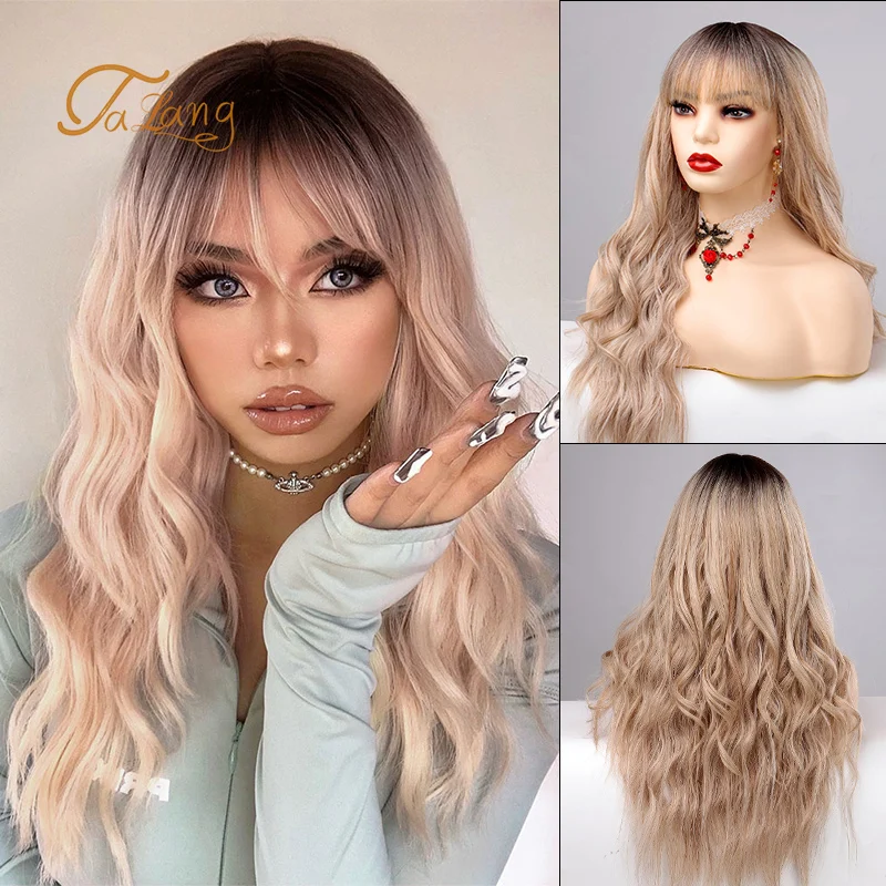 

TALANG Synthetic Long Wavy Wig Ombre Blonde Wigs for Women Curly Hair Middle Part Heat Resistant Fiber for Daily Party Wear