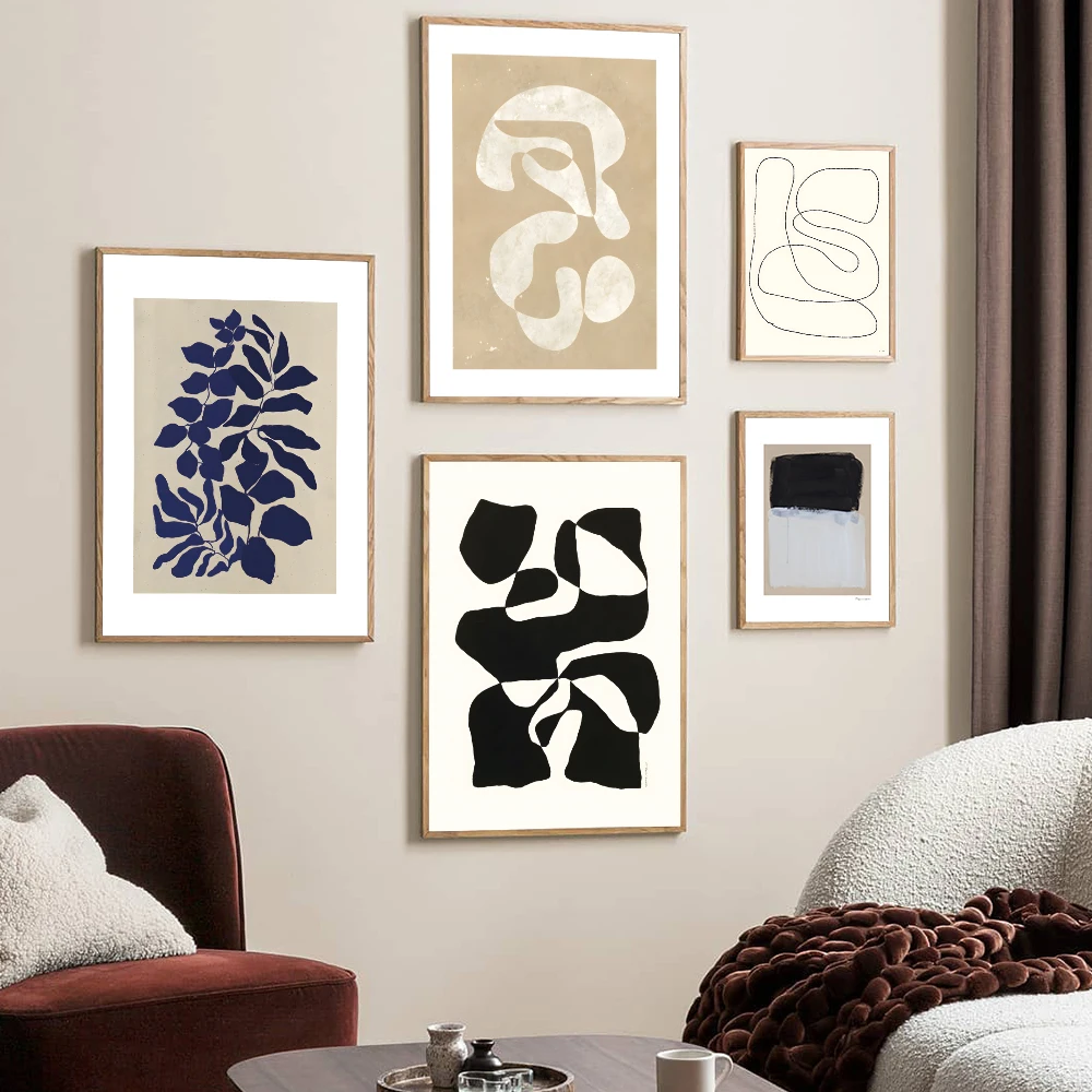 Художественный плакат Геометрическая линия лист в нордическом стиле черно-белые