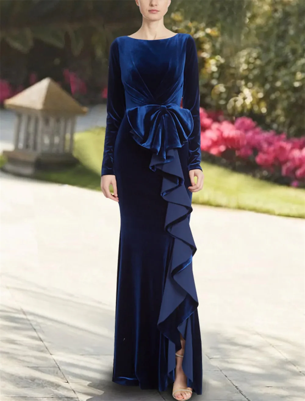 

Luxury Mermaid Trumpet Evening Gown Elegant Dress Wedding Guest Floor Length Long Sleeve Jewel Neck Velvet with Bow Ruffles