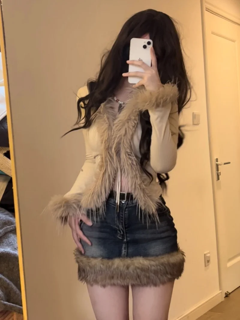 

Washed Fur Paneled Denim Skirt for Women Retro Sexy Hot Girl High Waist A-line Skirt Y2k Skirt Fashion Casual Package Hip Skirt