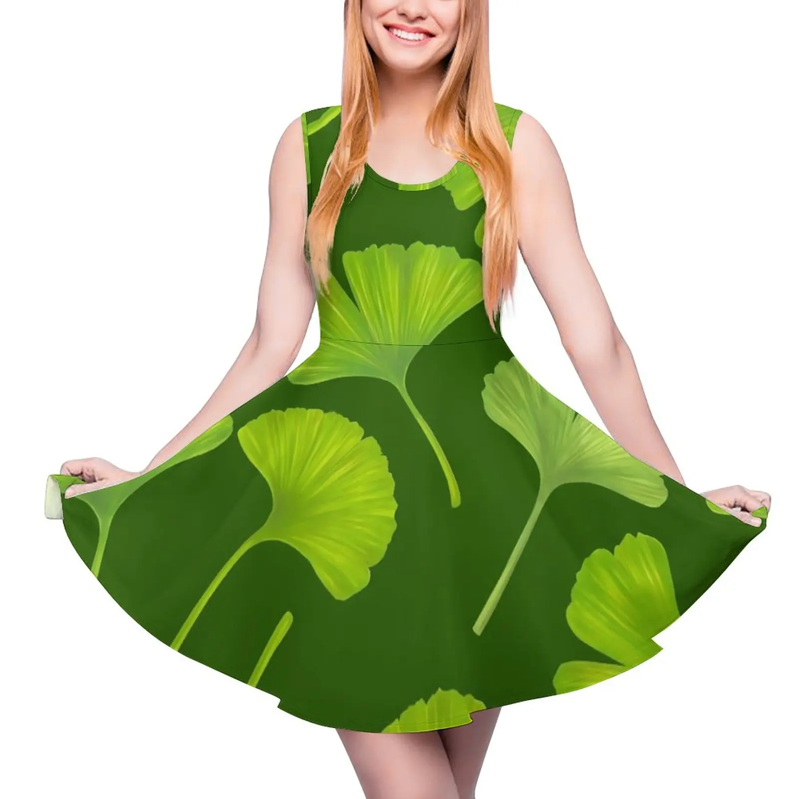 

Green Ginko Biloba Dress Cute Leaves Print Aesthetic Dresses Female Sexy Skate Dress Summer Custom Clothes 3XL 4XL 5XL