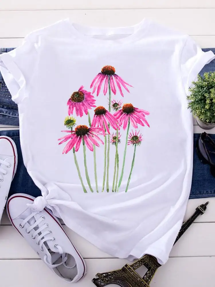 

Watercolor Lovely 90s Flower Women Short Sleeve Tees Ladies Summer Clothes Tops Female Fashion Cartoon Tshirts Graphic T-Shirt