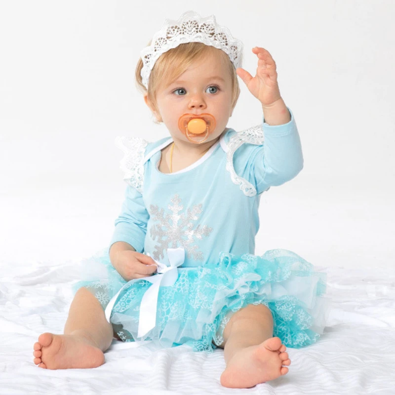 

Girl Cotton Fashion Blue Snowflake Long Sleeve Set Newborn Costume Princess Queen Snow Newborn Baby Girl Clothes Wear outfits
