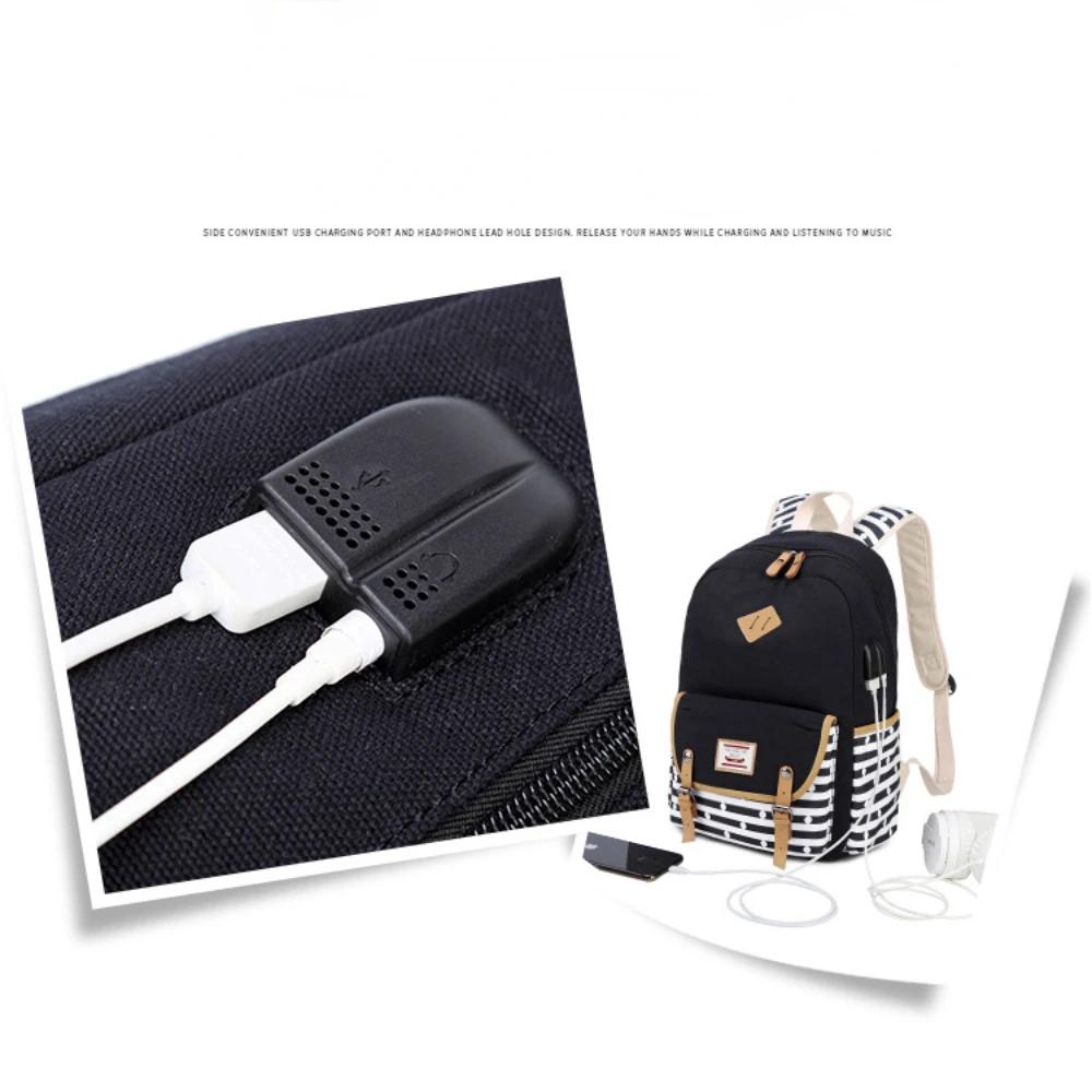 Canvas School Bags Striped Rucksack Casual Daypack Laptop Backpack College Student Bag Backpack , with Lunch Box Bag Pencil Case