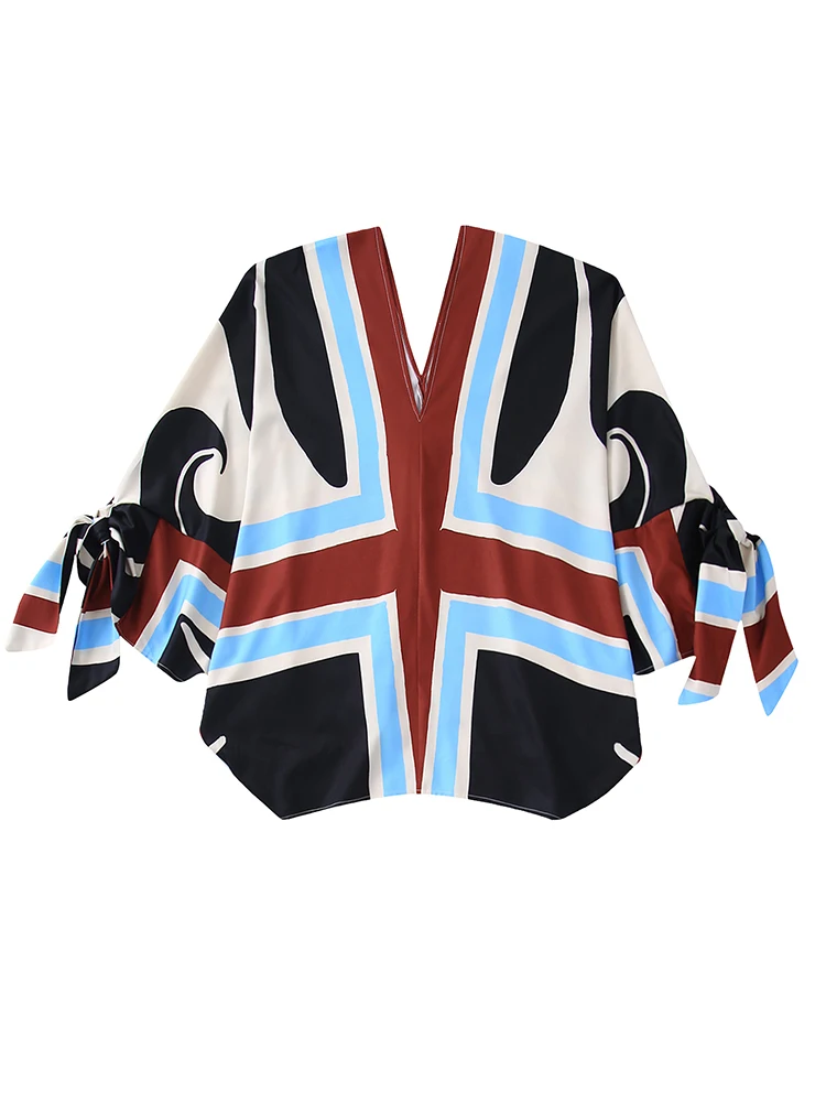 

2022 ZA Women Summer Fashion Bohemian Vintage Printed Loose Blouses Street Style V-Neck Long Sleeve Shirts Chic Tops