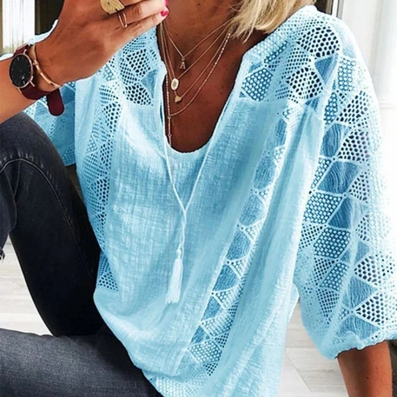 

Lace Stitching Hollow Summer Blouse Women Casual Loose Cotton White Shirts Three Quarter Sleeve Vintage V-neck Shirt Tops 24294