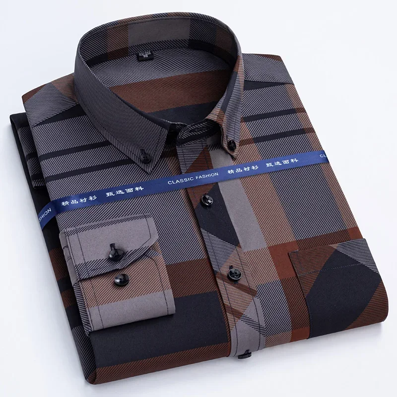 

Men's Dress Shirts Spring Autumn Latest Hot Sale Non-iron Anti-wrinkle Business Casual Print Thin Plaid Slim Fit chemise homme