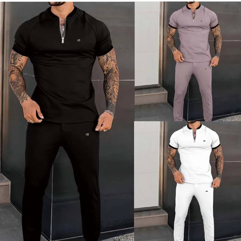 

New solid color men's suit summer casual sports short sleeve Polo shirt calf pants & for men's street wear 2 sets