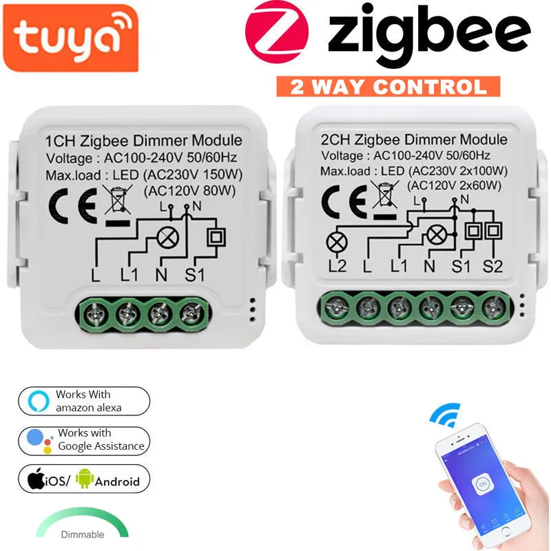 

ZigBee Tuya Smart Dimmer Switch Module Supports 2 Way Control Dimmable Switch Voice Remote Control Works with Alexa Google Home