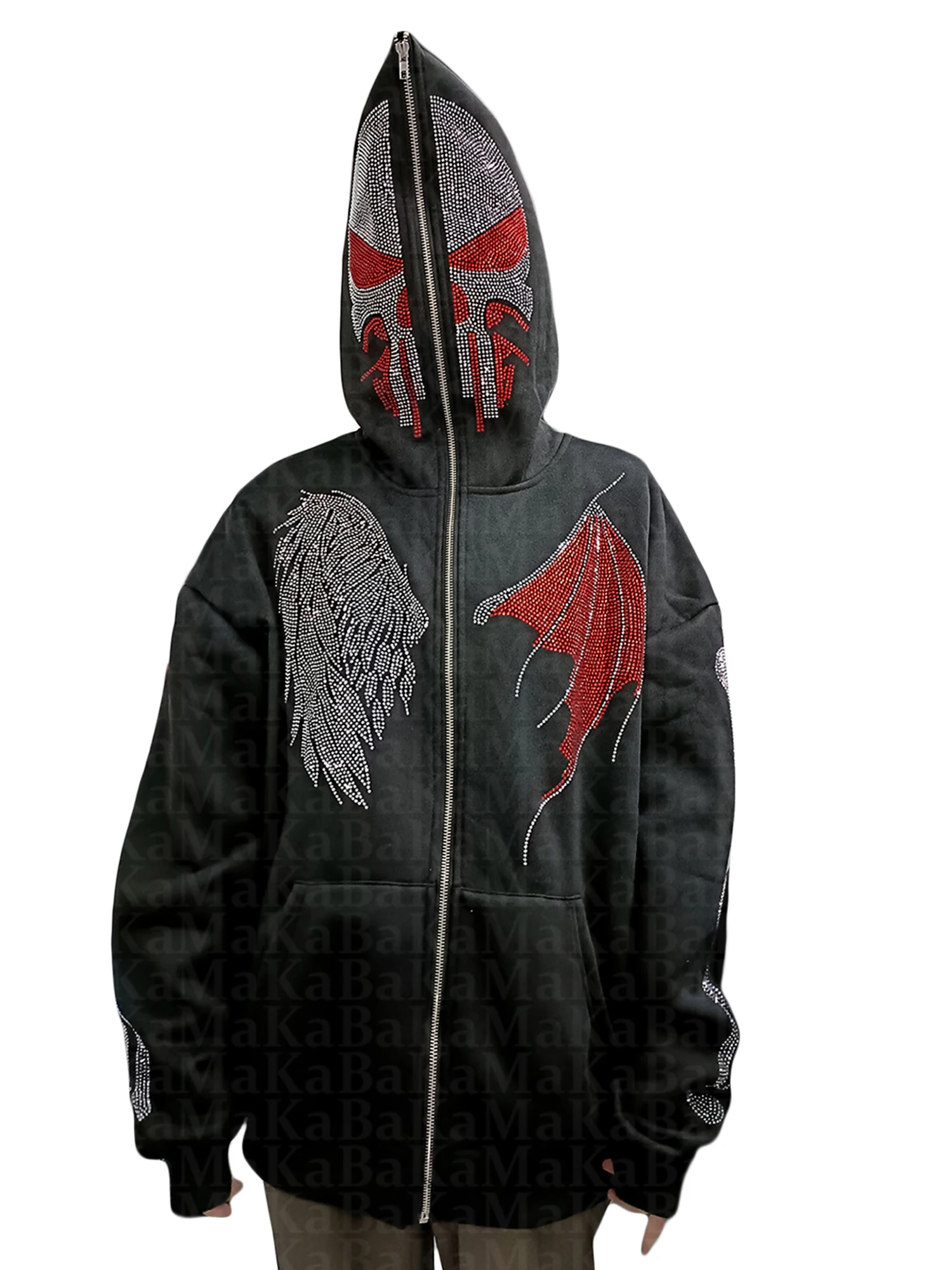 

Y2k Red Skeleton Rhinestones Women Zip Up Long Sleeve Oversized Black Hoodie 2023 New Gothic Punk Fashion Casual Sweatshirts emo