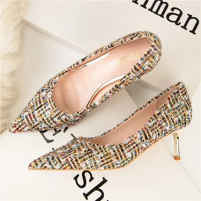 

New Fashion Women 6cm High Heels Hemp Low Heels Evening Crystal Buckle Pumps Lady Wedding Nightclub Escarpins Party Plaid Shoes