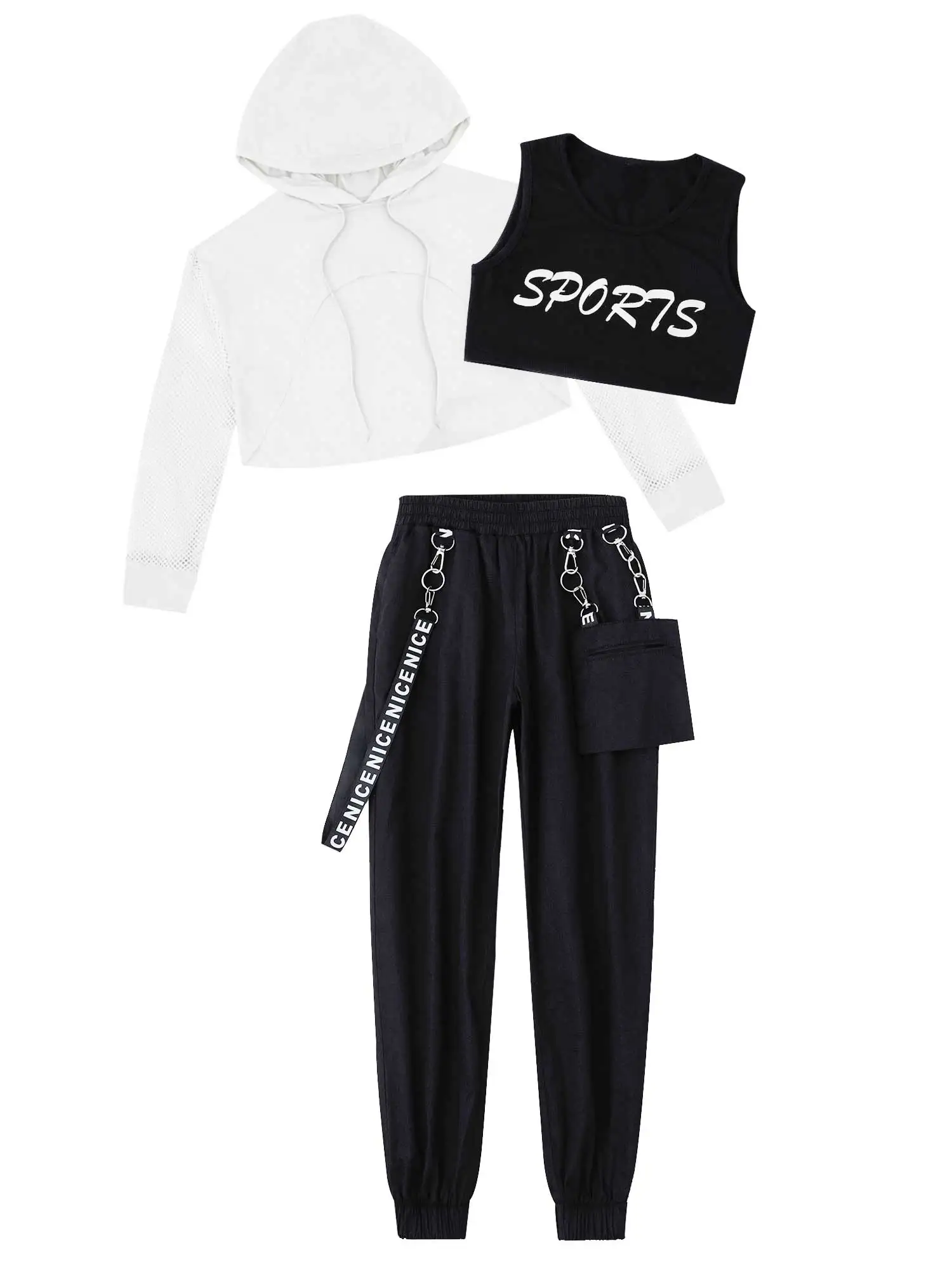 

Детские яркие джазовые костюмы для девочек, сетчатые Топы с капюшоном и укороченным жилетом и брюками, спортивный комплект, уличная одежда для современных танцев