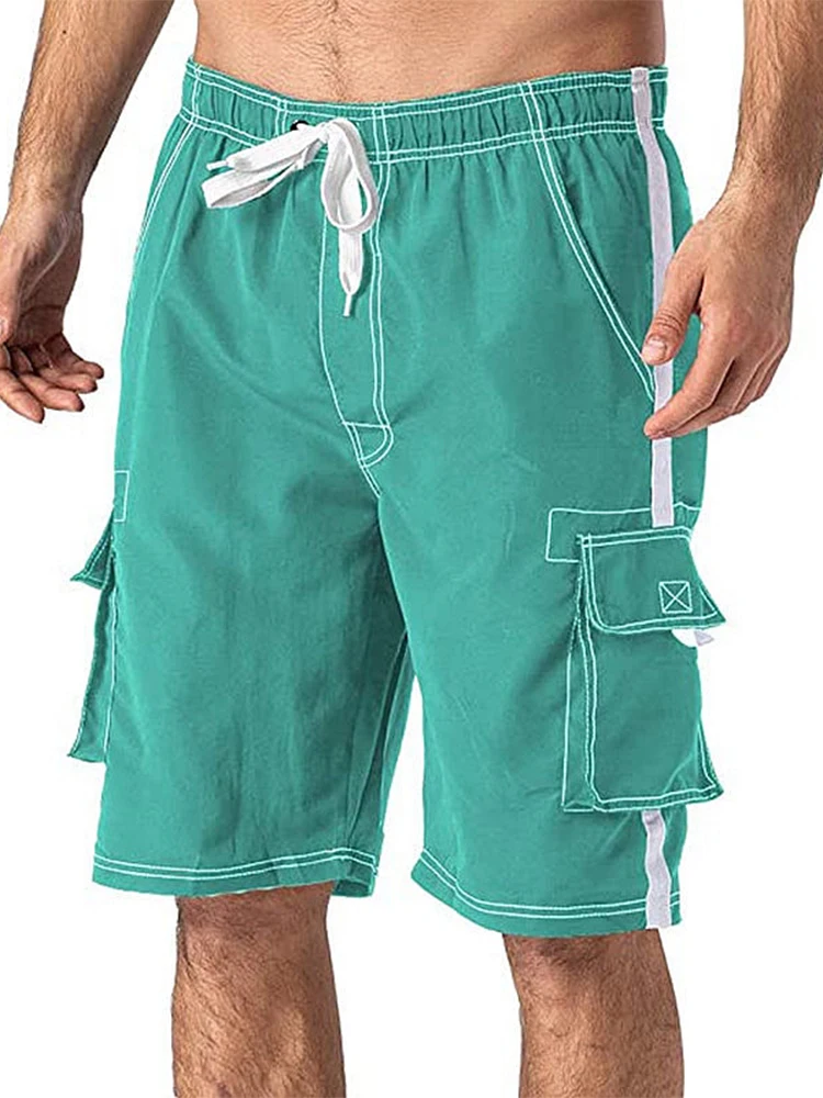 

Men Casual Drawstring Design Mid Waist Short Pant Summer Men Solid Color Shorts 2022 New Fashion Pockets Patchwork Cargo Shorts