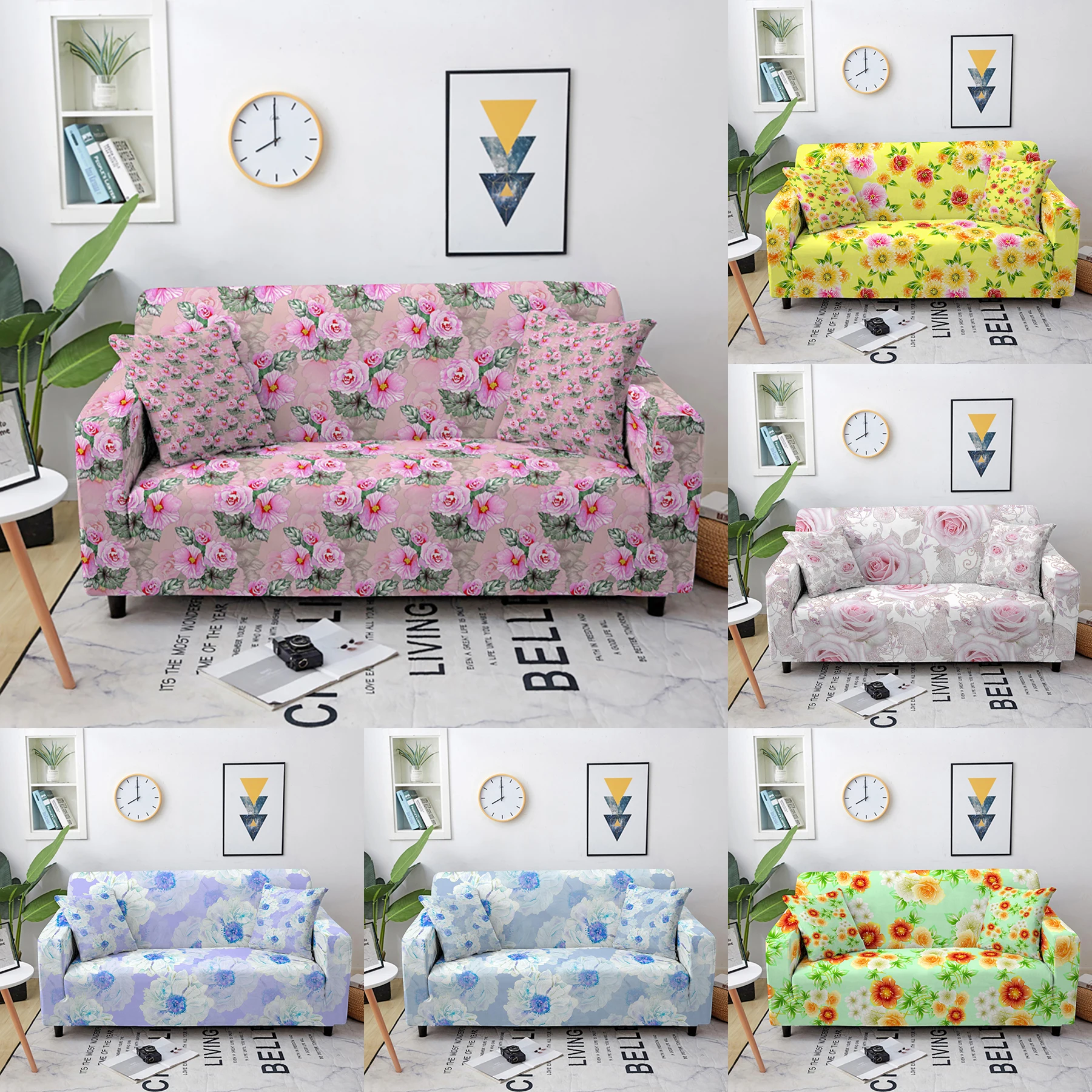 

3D Flowers Sofa Silpcover Colorful Sectional Fully-wrapped Corner Sofa Cover All-inclusive Elastic Sofa Protector Living Room