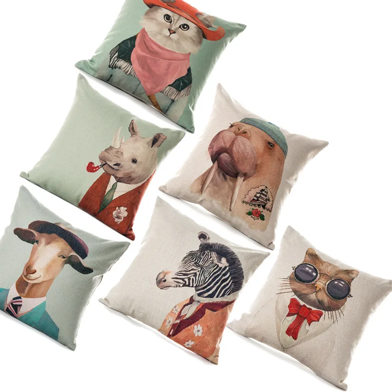 

Новая модная подушка из хлопка и льна с мультяшным аниме принтом головы животных Обычная Скандинавская простая наволочка для дивана