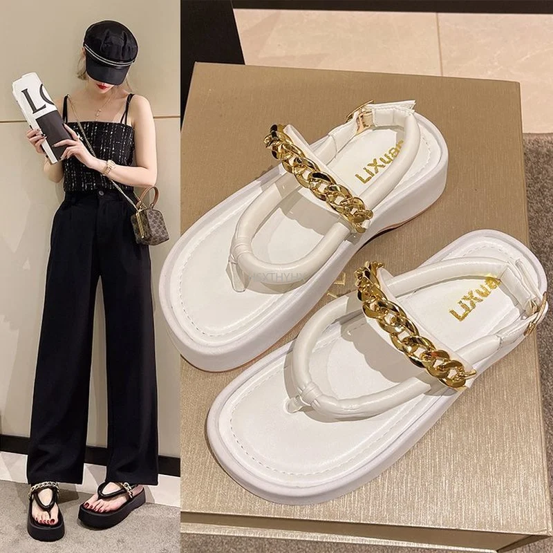 

Personality All-match Flat PU Flip-flop Sandals for Female Ins Tide 2022 Summer New Design Sense Niche Solid Outside Beach Shoes