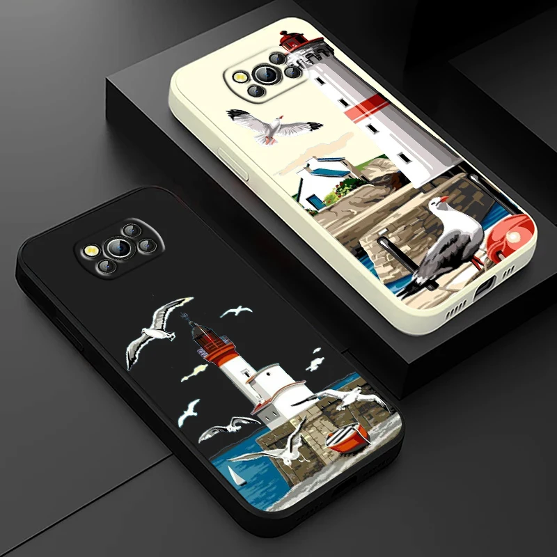 

Oil painting coast with seagulls Phone Case For Xiaomi Poco X4 X3 F4 F3 NFC M5 M4 M3 GT S Pro 4G 5G Liquid Rope Cover Fund