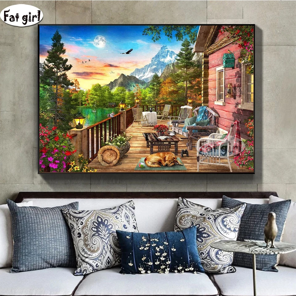 Полный квадратный круглый DIY Алмазная вышивка Дом картина Дерево Пейзаж Картина