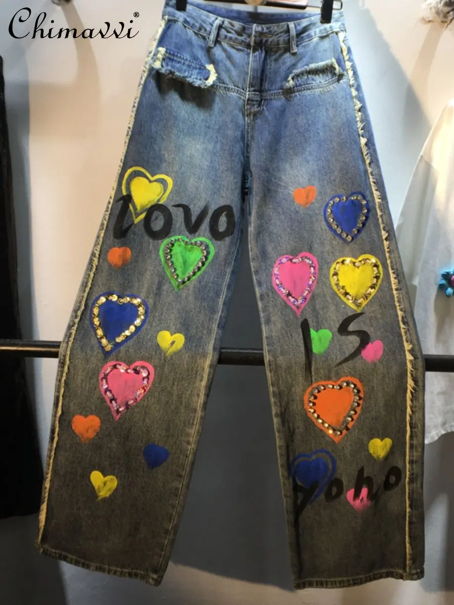 

Европейские Весенние новые модные уличные брюки из денима с рисунком Love и бусинами женские прямые джинсы с блестками и высокой талией для похудения 2023