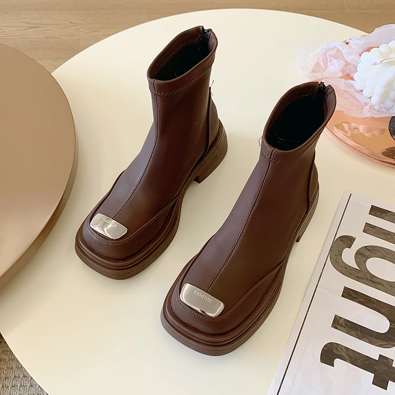 Autumn Chunky Heightening Genuine Leather Platform Women Round Toe Short Boot Shoes Ankle Elastic Boots Handmade Chelsea Boots