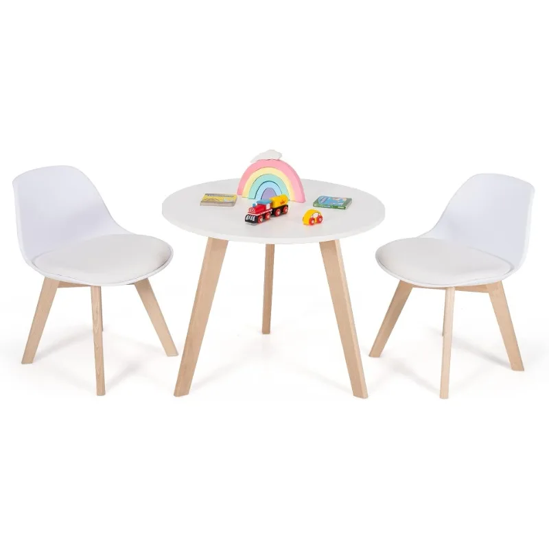 Kids Table and Chair Set, 3 Pcs Wood Activity Play Table w/Padded Seat & Wood Legs for Arts, Crafts, Reading, Preschool